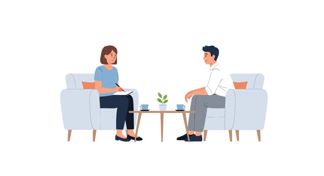 A professional woman taking notes while interviewing a man in a comfortable office setting, rendered in a clean and flat digital illustration style.