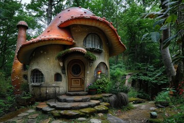 Naklejka premium Whimsical mushroom shaped house nestled in a tranquil forest setting, creating a magical and enchanting atmosphere