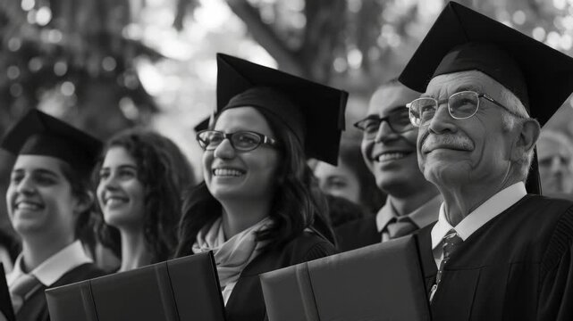 Joyful graduation day scene with a diverse group of graduates in their caps and gowns celebrating.