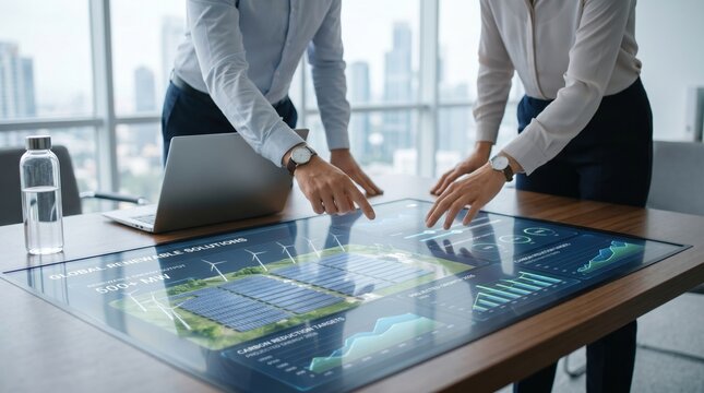 Business people analyzing renewable energy solar panel farm project on interactive table screen display discussing sustainable power solutions and carbon reduction targets in