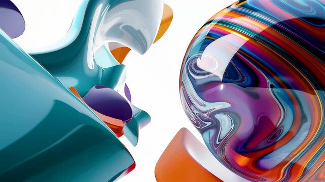 Glossy abstract forms with vibrant swirling colors and smooth reflective surfaces creating bold modern composition with dynamic visual contrast