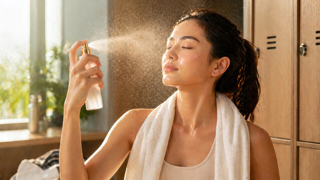 A young Asian woman refreshes her face with a cooling facial mist in a locker room after a workout, enjoying a moment of self-care with glowing, hydrated skin in natural sunlight.