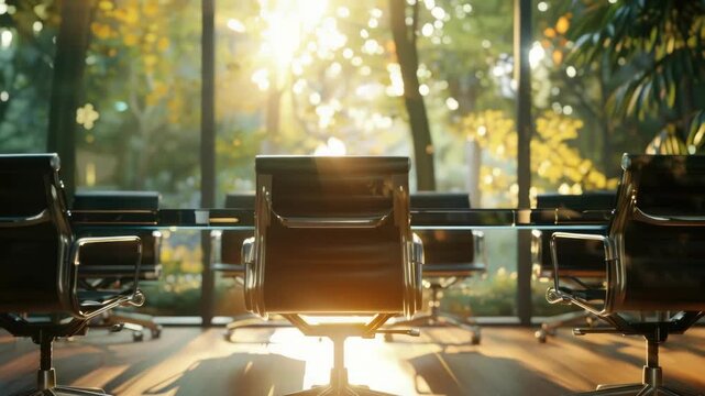 A modern meeting room bathed in sunlight through a large window.
