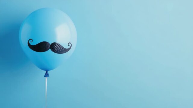 A single blue balloon with a black mustache design on it, floating against a light blue background. The balloon appears to be tied off and floating upwards.