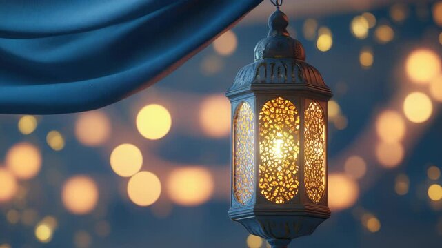 A single illuminated lantern hanging from a string set against a backdrop of night sky filled with distant lights.