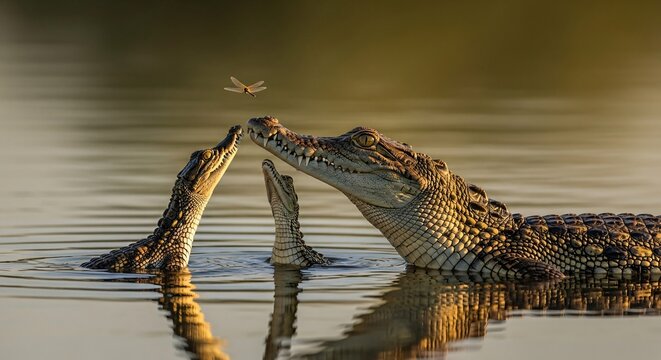Mother crocodile bonding with hatchlings under golden sunlight, dragonfly hovering near snout, maternal instinct in nature, wildlife family, serene river reptile scene.