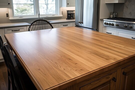 Wood island countertop providing ample working space in a contemporary kitchen interior