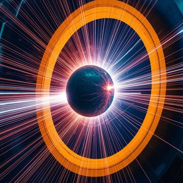 a glowing circle with a bright dot in the center. Multicolored lines radiate from the center. The background is dark.