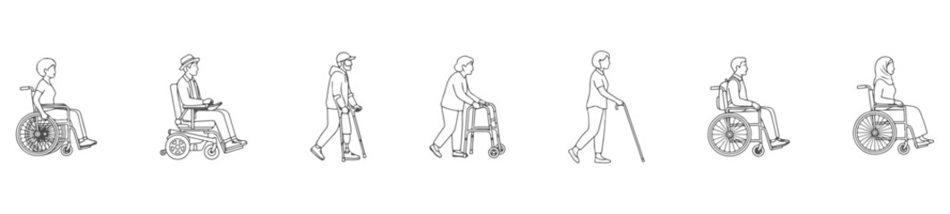 Obraz premium Side View Disabled and Elderly People White Fill Set, Wheelchair Users and Walking Aid Characters with Clean Solid Shapes for Accessibility and Architectural Elevation Vector