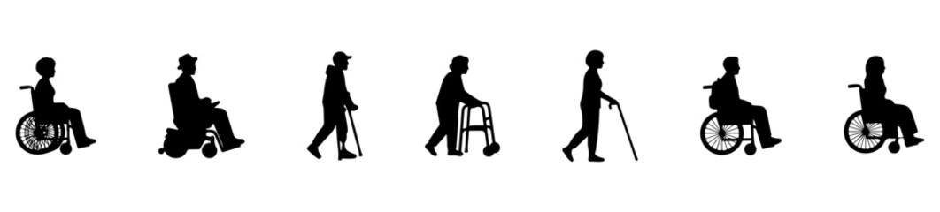 Naklejka premium Side View Disabled and Elderly People Silhouette Set, Wheelchair Users and Walking Aid Black Figures Collection for Accessibility and Architectural Elevation Illustration