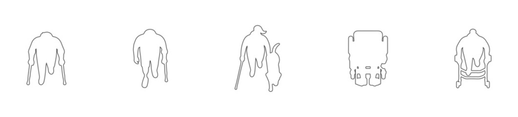 Top View Disabled and Elderly People Outline Set with Wheelchair Walker Cane and Guide Dog, Overhead Accessibility Line Art Characters for Architectural Plans and Healthcare Design © MkJutt