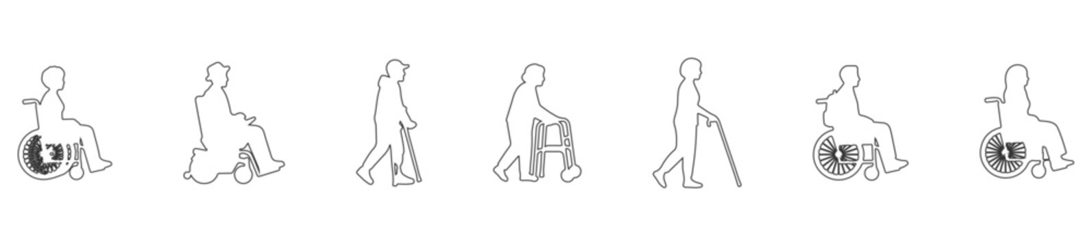 Side View Disabled and Elderly People Outline Set, Wheelchair Users and Walking Aid Line Art Characters for Accessibility, Healthcare and Architectural Elevation Vector Design