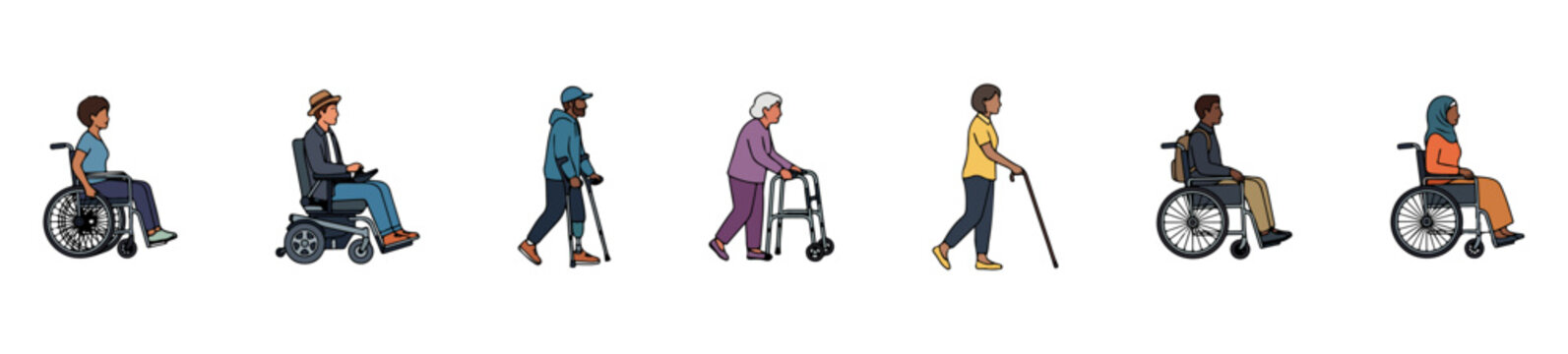 Side View Disabled and Elderly People Set, Diverse Wheelchair Users and Walking Aid Characters Collection for Accessibility, Healthcare and Architectural Elevation Vector Illustration