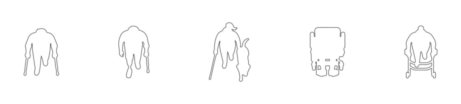 Top View Disabled and Elderly People Outline Set with Wheelchair Walker Cane and Guide Dog, Overhead Accessibility Line Art Characters for Architectural Plans and Healthcare Design
