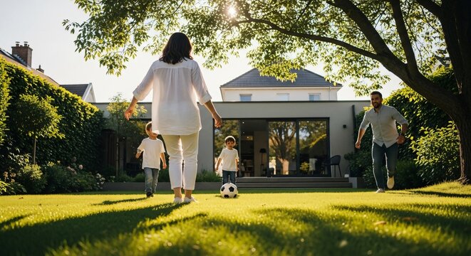 Happy family playing soccer in sun-drenched backyard, mother and children enjoying outdoor fun, summer garden activities, active lifestyle, parenting and childhood bonding.