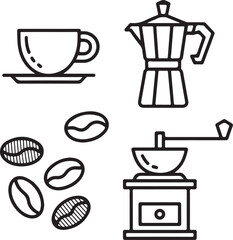 Obraz premium Coffee Elements Set Clip-art (Coffee Beans, Grinder, Pot, Cup) Hand-drawn Sketch Drawing Vector Illustration, Line Linear Symbol Black and White Engraving, Isolated
