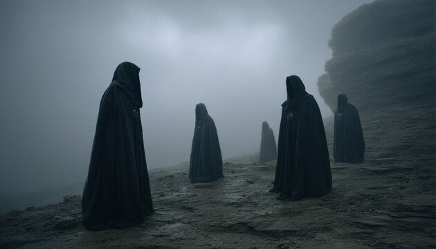 A group of figures cloaked in dark robes stand on a rocky precipice shrouded in mist, evoking a sense of mystery and ancient power.