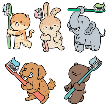 vector set of animal with toothbrush