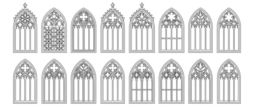Gothic architectural window designs and tracery patterns.