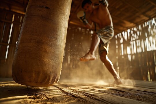 A young male boxer trains barefoot in a rustic wooden gym, kicking a heavy punching bag amid dust particles illuminated by sunlight.