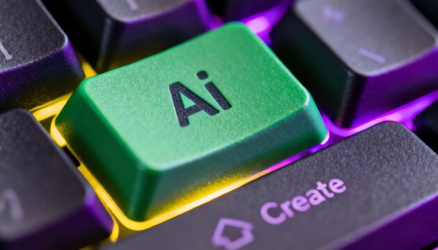 Artificial Intelligence key on a computer keyboard glowing with purple light, close-up detail of the keys