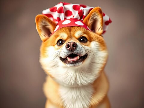 Adorable shiba inu in chef hat beams at camera, poised for pet food creation, dog, cute