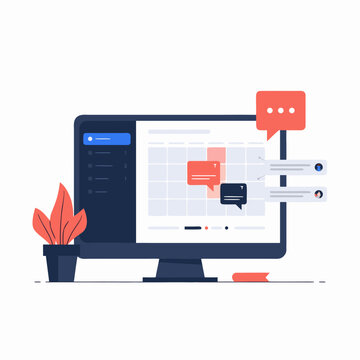 Business Chat Communication Dashboard on Monitor with Message Bubbles and UI Elements - Vector Illustration
