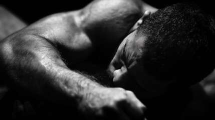 Naklejka premium A close-up black and white photo of a muscular man, focused and intense, captured in a powerful and emotional moment.