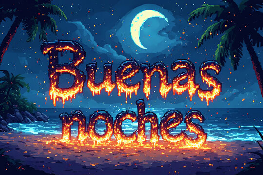 Buenas Noches Flaming lettering on Tropical Beach at Night with Crescent Moon, Palm Trees and Ocean Glow, Pixel Art Style Illustration with Warm Firelight and Dreamy Atmosphere