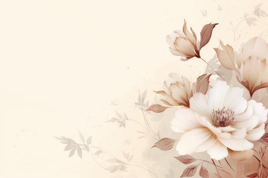 Watercolor style floral arrangement showcasing blooming flowers with leaves on a light beige background