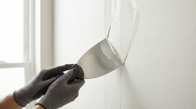 Gloved Hand Applying Joint Compound with Putty Knife to Wall for Repair
