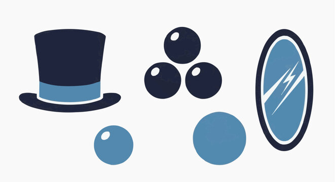 Vintage magic show performance icons, magician top hat and juggling balls vector set, circus entertainment and illusionist props in blue