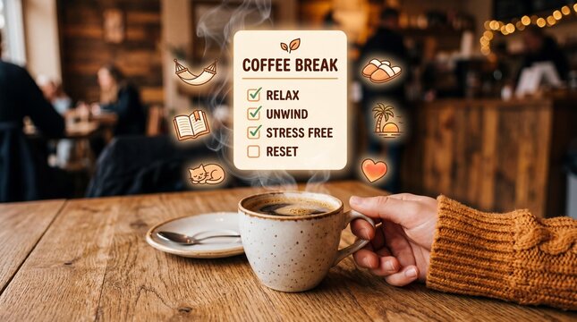 Relaxing coffee break in a cozy cafe atmosphere with steam rising from a cup