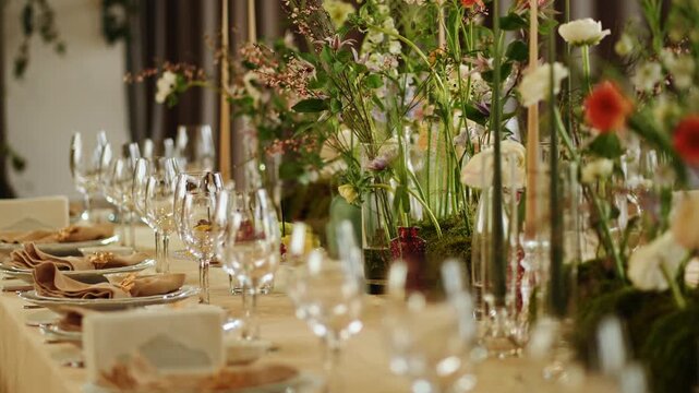 Elegant table setting for a dinner event with flowers and glassware arranged carefully