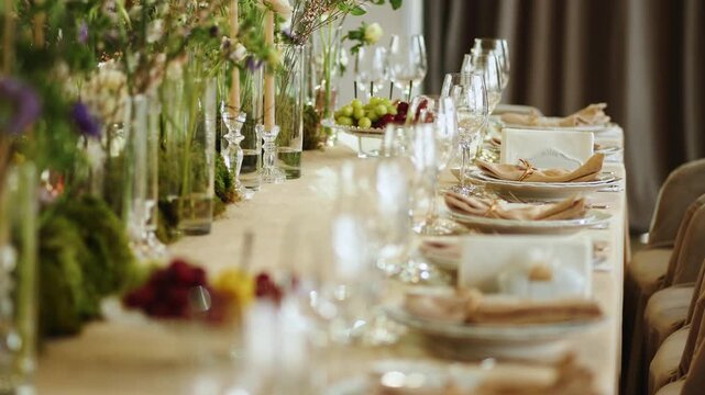 Long table set with plates and glasses for gathering with flowers and fruits in the center