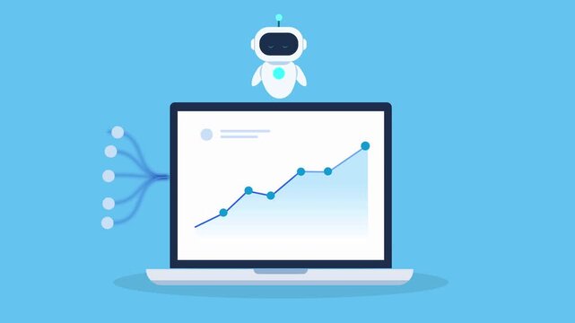 Clean animated video of an AI robot hovering above a laptop with a rising data chart and lightning icon, representing high speed data processing, performance optimization, analytics, and digital autom