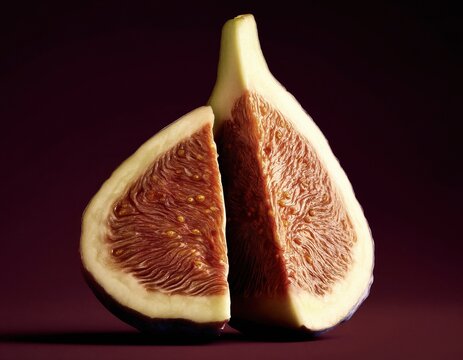 A halved fig revealing its intricate interior against a dark background.