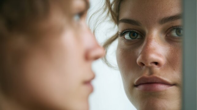 Close up of woman looking into mirror, reflection shows slightly different emotion, minimal interior, surreal concept of identity and self