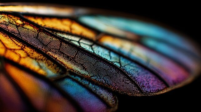 Extreme macro of butterfly wing showing translucent membrane and fine vein network, vibrant gradient colors, organic skeleton effect, isolated