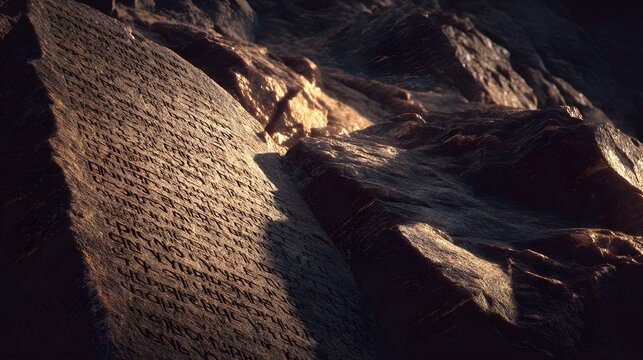 God Engraves the Ten Commandments on Two Stone Tablets on Mount Sinai by the finger of God as the main subject + natural striations and lines across rock surfaces suggesting encoded path history + dir