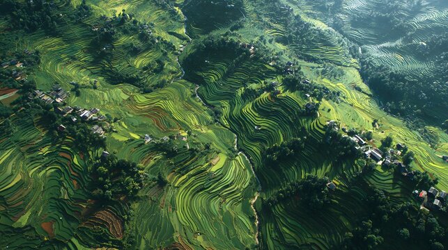 aerial view of terraced rice fields and scattered rural homes as the main subject + terraces forming subtle symbolic shapes only visible from above + even ambient daylight with gentle highlights + ver