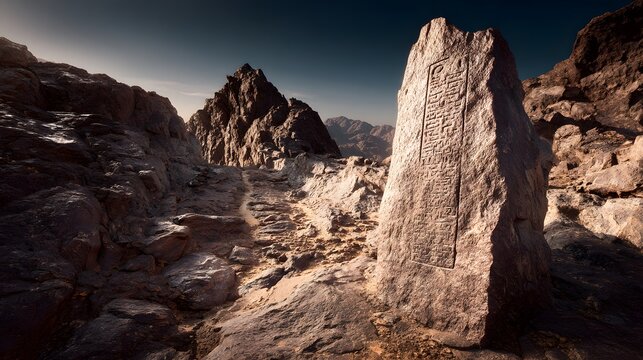 God Engraves the Ten Commandments on Two Stone Tablets on Mount Sinai by the finger of God as the main subject + steep drop-offs surrounding the engraving point isolating it from accessible terrain + 