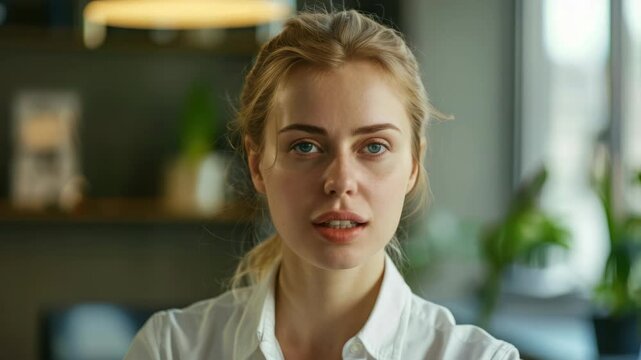 A young woman with light brown hair and blue eyes. She is wearing a white blouse and looks slightly perplexed or surprised. The background is blurred, but appears to be an indoor setting