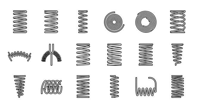 various spring coils and metal element icons collection perfect for engineering industrial design and mechanical component diagrams.