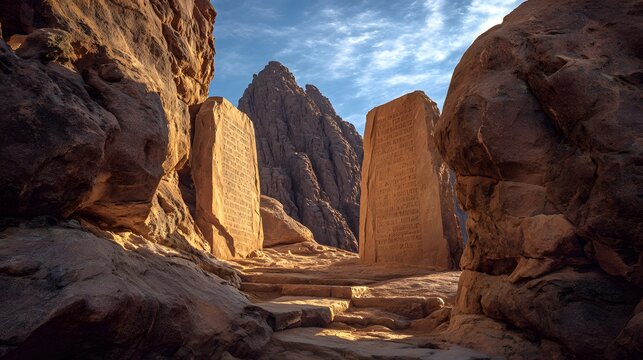 God Engraves the Ten Commandments on Two Stone Tablets on Mount Sinai by the finger of God as the main subject + massive rock formations framing the tablets like a natural sanctuary + directional side