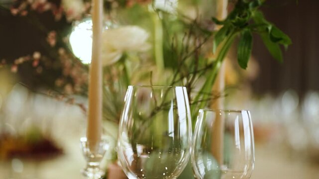 Elegant table setup for an evening gathering in a decorated venue with flowers