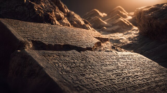 God Engraves the Ten Commandments on Two Stone Tablets on Mount Sinai by the finger of God as the main subject + winding mountain formations suggesting a decisive turning moment in a longer journey + 