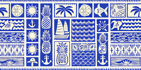 tropical themed pattern with pineapples anchors and palm trees © Etika