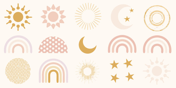 celestial shapes and rainbows abstract vector illustration on beige