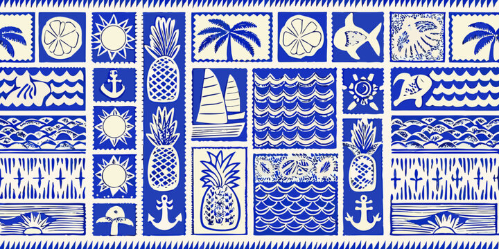tropical themed pattern with pineapples anchors and palm trees